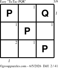The grouppuzzles.com Easy TicTac-PQR puzzle for Friday June 5, 2026, suitable for printing, with all 2 steps marked