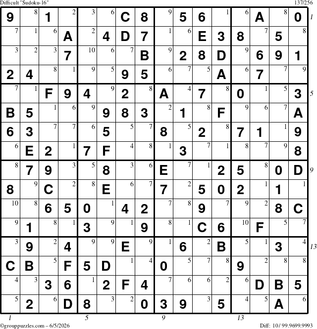 The grouppuzzles.com Difficult Sudoku-16 puzzle for Friday June 5, 2026, suitable for printing, with all 10 steps marked