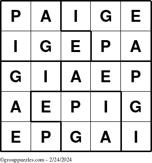 The grouppuzzles.com Answer grid for the Paige puzzle for Saturday February 24, 2024