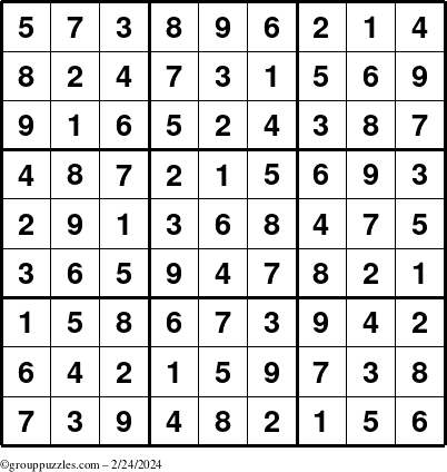 The grouppuzzles.com Answer grid for the Sudoku puzzle for Saturday February 24, 2024