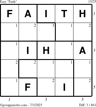 The grouppuzzles.com Easy Faith puzzle for Thursday July 3, 2025, suitable for printing, with all 3 steps marked