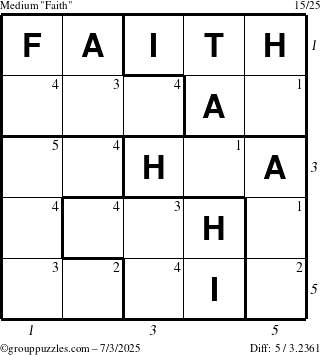 The grouppuzzles.com Medium Faith puzzle for Thursday July 3, 2025, suitable for printing, with all 5 steps marked