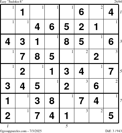 The grouppuzzles.com Easy Sudoku-8 puzzle for Thursday July 3, 2025, suitable for printing, with all 3 steps marked