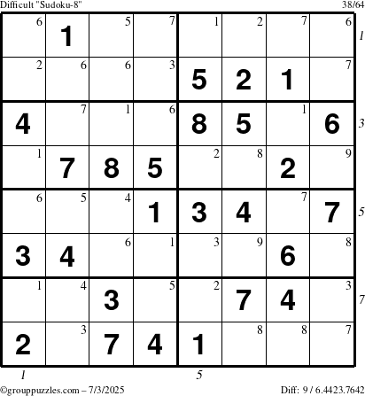 The grouppuzzles.com Difficult Sudoku-8 puzzle for Thursday July 3, 2025, suitable for printing, with all 9 steps marked