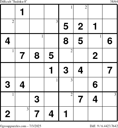 The grouppuzzles.com Difficult Sudoku-8 puzzle for Thursday July 3, 2025 with the first 3 steps marked