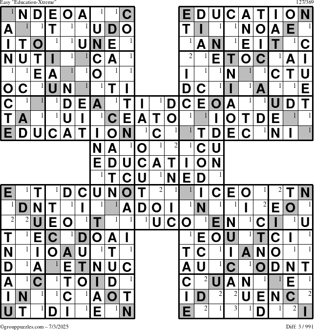 The grouppuzzles.com Easy Education-Xtreme puzzle for Thursday July 3, 2025 with the first 3 steps marked