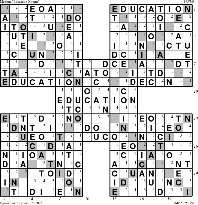 The grouppuzzles.com Medium Education-Xtreme puzzle for Thursday July 3, 2025 with all 5 steps marked