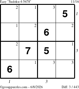 The grouppuzzles.com Easy Sudoku-4-5678 puzzle for Monday June 8, 2026 with all 3 steps marked