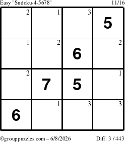The grouppuzzles.com Easy Sudoku-4-5678 puzzle for Monday June 8, 2026 with the first 3 steps marked
