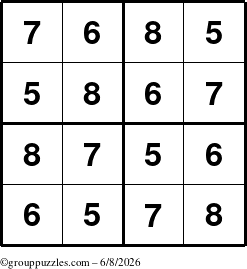 The grouppuzzles.com Answer grid for the Sudoku-4-5678 puzzle for Monday June 8, 2026