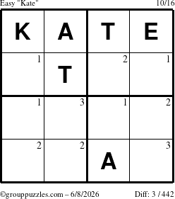 The grouppuzzles.com Easy Kate puzzle for Monday June 8, 2026 with the first 3 steps marked