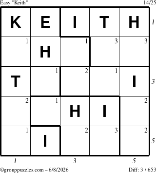 The grouppuzzles.com Easy Keith puzzle for Monday June 8, 2026 with all 3 steps marked