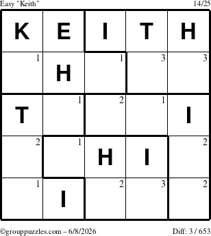 The grouppuzzles.com Easy Keith puzzle for Monday June 8, 2026 with the first 3 steps marked