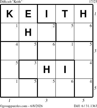 The grouppuzzles.com Difficult Keith puzzle for Monday June 8, 2026 with all 6 steps marked