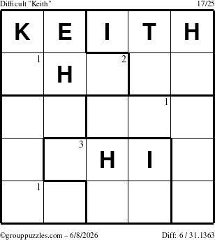 The grouppuzzles.com Difficult Keith puzzle for Monday June 8, 2026 with the first 3 steps marked