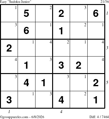 The grouppuzzles.com Easy Sudoku-Junior puzzle for Monday June 8, 2026 with all 4 steps marked