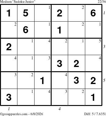 The grouppuzzles.com Medium Sudoku-Junior puzzle for Monday June 8, 2026, suitable for printing, with all 5 steps marked