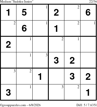 The grouppuzzles.com Medium Sudoku-Junior puzzle for Monday June 8, 2026 with the first 3 steps marked