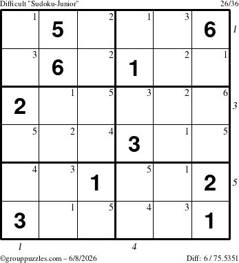 The grouppuzzles.com Difficult Sudoku-Junior puzzle for Monday June 8, 2026 with all 6 steps marked