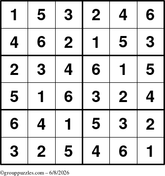 The grouppuzzles.com Answer grid for the Sudoku-Junior puzzle for Monday June 8, 2026