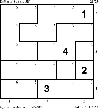 The grouppuzzles.com Difficult Sudoku-5B puzzle for Monday June 8, 2026, suitable for printing, with all 6 steps marked