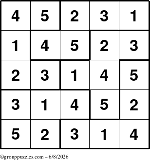 The grouppuzzles.com Answer grid for the Sudoku-5B puzzle for Monday June 8, 2026