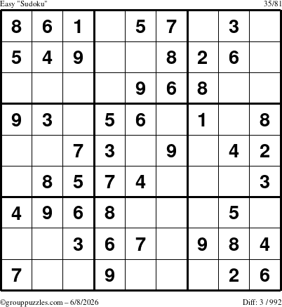 The grouppuzzles.com Easy Sudoku puzzle for Monday June 8, 2026