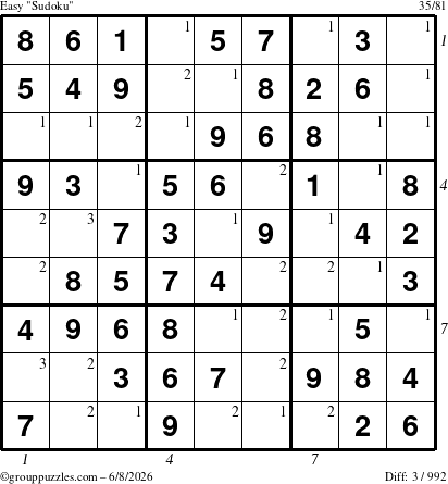 The grouppuzzles.com Easy Sudoku puzzle for Monday June 8, 2026 with all 3 steps marked