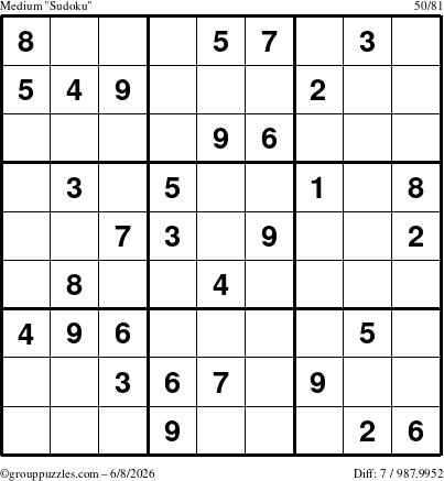 The grouppuzzles.com Medium Sudoku puzzle for Monday June 8, 2026