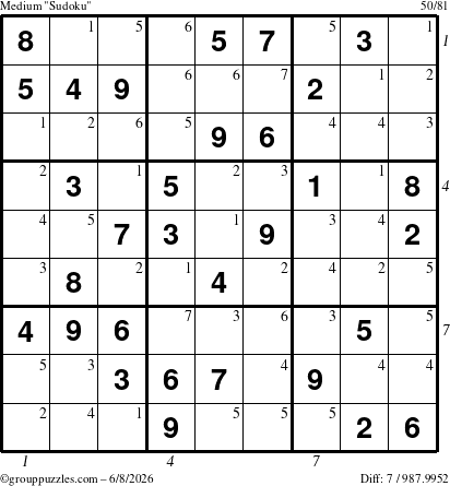 The grouppuzzles.com Medium Sudoku puzzle for Monday June 8, 2026 with all 7 steps marked