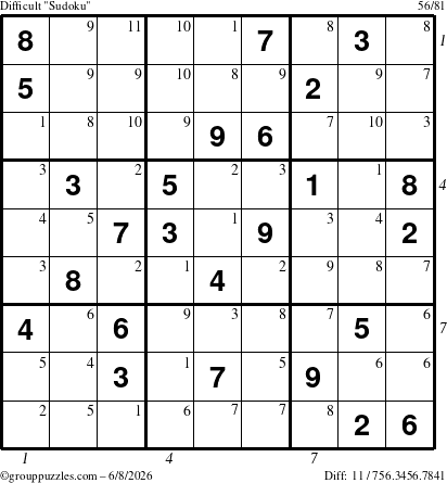 The grouppuzzles.com Difficult Sudoku puzzle for Monday June 8, 2026, suitable for printing, with all 11 steps marked