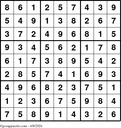 The grouppuzzles.com Answer grid for the Sudoku puzzle for Monday June 8, 2026