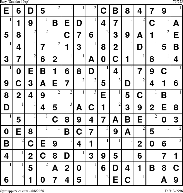 The grouppuzzles.com Easy Sudoku-15up puzzle for Monday June 8, 2026 with the first 3 steps marked