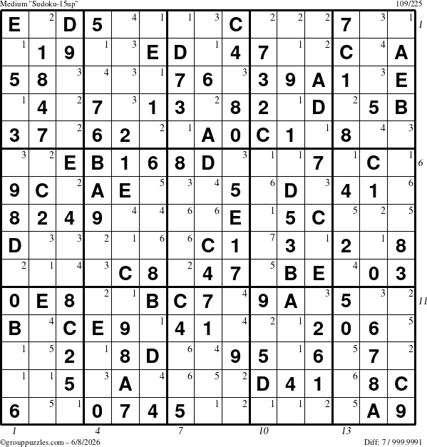 The grouppuzzles.com Medium Sudoku-15up puzzle for Monday June 8, 2026, suitable for printing, with all 7 steps marked