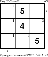 The grouppuzzles.com Easy TicTac-456 puzzle for Monday June 8, 2026, suitable for printing, with all 2 steps marked