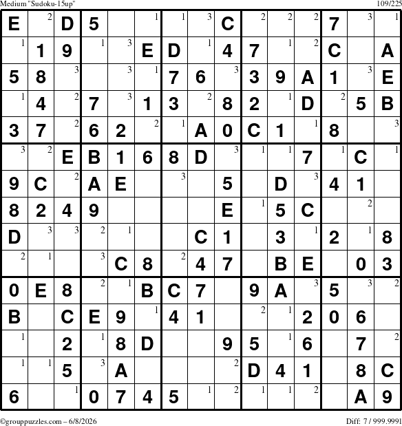 The grouppuzzles.com Medium Sudoku-15up puzzle for Monday June 8, 2026 with the first 3 steps marked