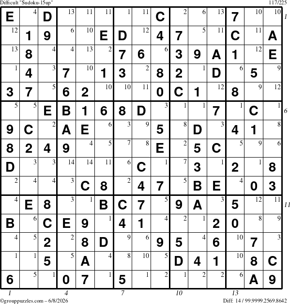 The grouppuzzles.com Difficult Sudoku-15up puzzle for Monday June 8, 2026, suitable for printing, with all 14 steps marked