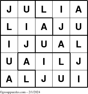 The grouppuzzles.com Answer grid for the Julia puzzle for Thursday February 1, 2024