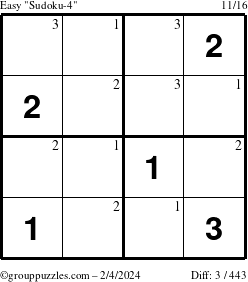 The grouppuzzles.com Easy Sudoku-4 puzzle for Sunday February 4, 2024 with the first 3 steps marked