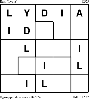 The grouppuzzles.com Easy Lydia puzzle for Sunday February 4, 2024