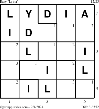 The grouppuzzles.com Easy Lydia puzzle for Sunday February 4, 2024 with all 3 steps marked