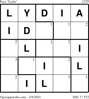The grouppuzzles.com Easy Lydia puzzle for Sunday February 4, 2024 with the first 3 steps marked