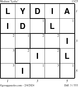 The grouppuzzles.com Medium Lydia puzzle for Sunday February 4, 2024 with all 3 steps marked