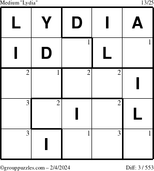 The grouppuzzles.com Medium Lydia puzzle for Sunday February 4, 2024 with the first 3 steps marked