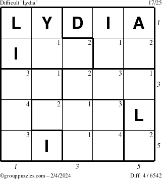 The grouppuzzles.com Difficult Lydia puzzle for Sunday February 4, 2024 with all 4 steps marked