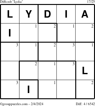 The grouppuzzles.com Difficult Lydia puzzle for Sunday February 4, 2024 with the first 3 steps marked