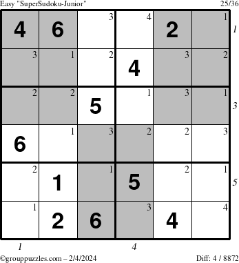 The grouppuzzles.com Easy SuperSudoku-Junior puzzle for Sunday February 4, 2024 with all 4 steps marked