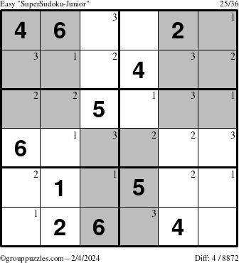 The grouppuzzles.com Easy SuperSudoku-Junior puzzle for Sunday February 4, 2024 with the first 3 steps marked