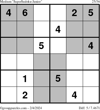 The grouppuzzles.com Medium SuperSudoku-Junior puzzle for Sunday February 4, 2024
