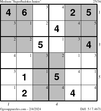 The grouppuzzles.com Medium SuperSudoku-Junior puzzle for Sunday February 4, 2024 with all 5 steps marked